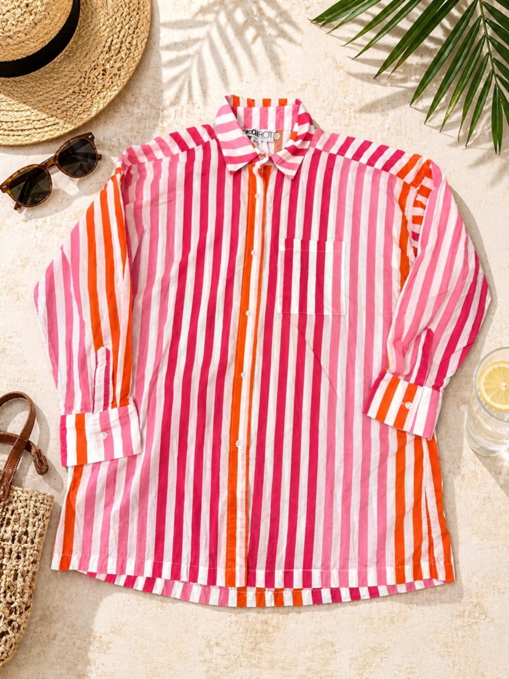 Beach Riot Pink, Fuchsia & Orange Striped Button-Front Shirt Or Cover Up